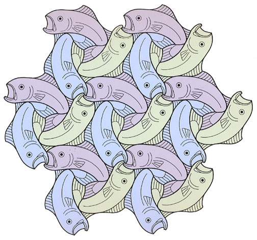 Hand silkscreen art print showing a tessellation of fishes in three orientations.